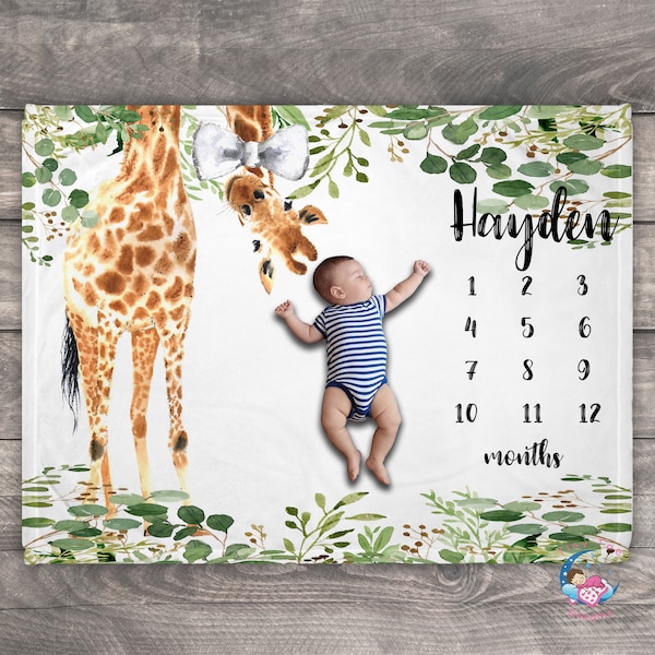 Giraffe Blanket For Baby, Safari Animal Milestone Blanket, Baby Boy Milestone Blanket, Custom Milestone Blanket Boy,Photo Blanket Customized