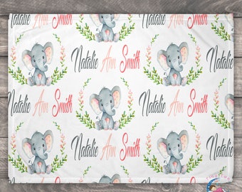 Elephant Blanket - Floral Baby Blanket - Minky Baby Blanket - Personalized Swaddle Blanket - Custom Baby Blanket - Personalized Baby Blanket