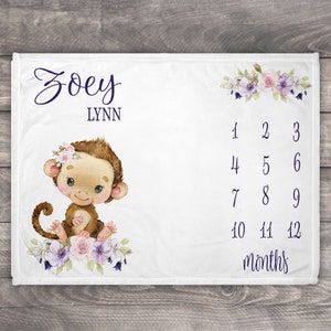 Monkey Milestone Blanket, Personalized Baby Milestone Blanket Girl, Photo Prop, Monkey Lover Gift, Cute Monkey, One Month Milestone, Gift