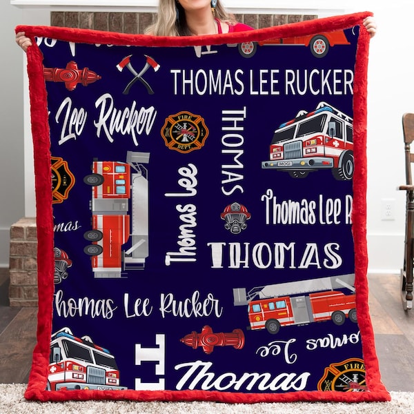 Personalized Fire Truck Baby Blanket, Firefighter Gift