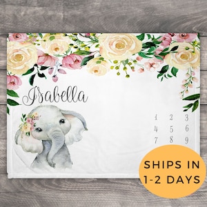 Baby Monthly Milestone Blanket, Baby Girl Elephant Blanket, Elephant Baby Nursery, Elephant Baby Girl Shower, Personalized Baby Gift
