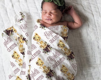 Lion Swaddle, Custom Swaddle Blanket, Floral Swaddle, Personalized Baby Swaddle, Name Swaddle, Lion Nursery, Lion Baby Shower Gift, Girl