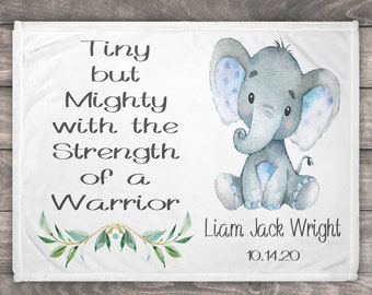 Tiny But Mighty Blanket, NICU Gift, Personalized Baby Blanket For Boys, Elephant Blanket, Animals Baby Blanket, Nursery, Custom Baby Blanket