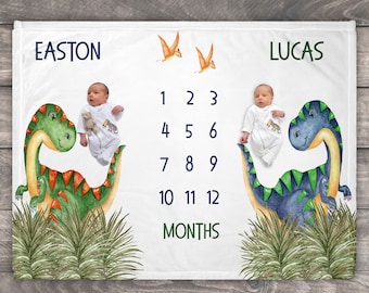Dinosaur Twin Milestone Blanket, Baby Month Blanket, Customizable Blanket, Boho Baby Blanket, Dinosaur Room Decor, Tyrannosaurus Rex Photo