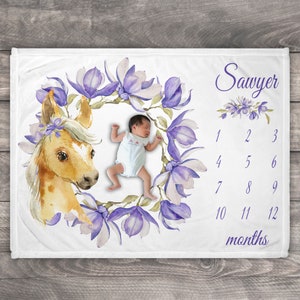 Horse Milestone Blanket, Baby Girl Monthly Milestone Blanket, Horse Themed Gifts, Horse Baby Shower Gift, Horse Nursery