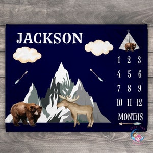 Moose Blanket, Milestone Blanket, Bear Blanket, Photo Blanket, Baby Growth Chart, Baby Boy Woodland Growth Chart, Mountain Nursery Decor Boy