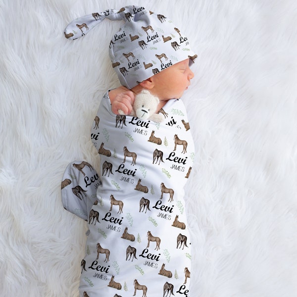 Horse Swaddle, Boys Horse Blanket, Horse Lovers Gifts, Newborn Boy Swaddle Set, Boy Swaddle And Hat, Personalized Baby Boy Swaddle, Gift