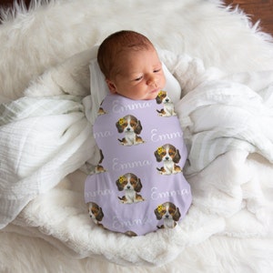Dog Swaddle Blanket, Baby Swaddle Custom, Personalized Dog Blanket, Beagle, Parent Gift For Newborn, Sunflower Blanket