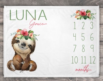 Sloth Milestone Blanket, Baby Growth Chart, Sloth Nursery Decor, Sloth Baby Shower Gift For Girl, Custom Newborn Milestone, Floral