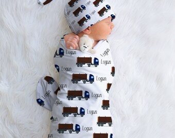 Logging Truck Swaddle Blanket, Log Truck Gift, Personalized Swaddle For Boy, Custom Swaddle Blanket, Name Swaddle Blanket, Truck Nursery