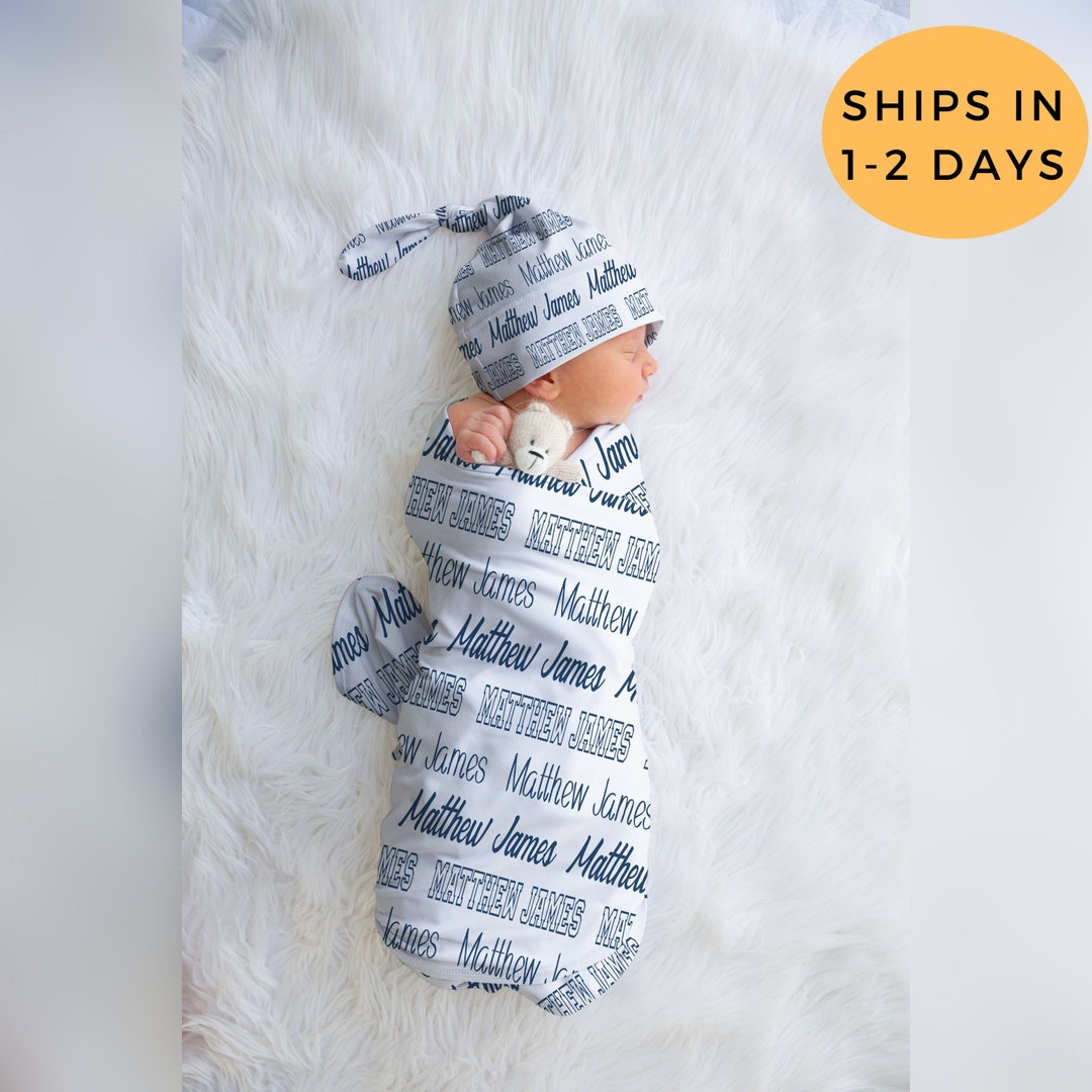 Baby Custom Name Swaddle, Newborn Boy Swaddle Set, Name Swaddle