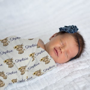 Highland Cow Swaddle, Sunflower And Cow Baby Blanket, Baby Girl Personalized Swaddle, Highland Cow Blanket Name, Girl Baby Shower Gift