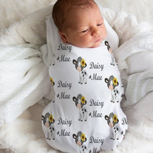 Cow Swaddle Blanket, Sunflower Cow Swaddle Personalized, Cow Baby Shower Gift Newborn, Cow Nursery, Customized Baby Girl Swaddle Blanket