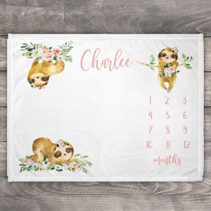 Sloth Blanket, Baby Milestone Blanket Girl, Sloth Baby Shower, Childs Growth Chart, Monthly Tracker, Custom Name Blanket, Personalized