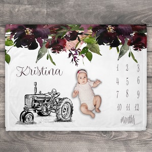 Manta de tractor, manta de hitos mensuales para bebé, manta floral para bebé, carta natal, tabla de crecimiento infantil, accesorio fotográfico para niña recién nacida, regalo para bebé