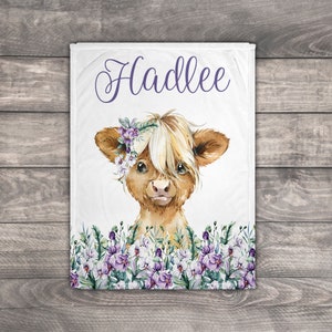 Cow Blanket, Highland Cow, Baby Name Blanket, Personalized Baby Blanket Girl, Boho Throw Blanket, 1 Year Old Birthday Gift, Floral Blanket