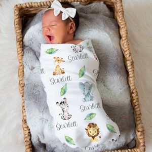 Safari Swaddle Blanket, Boy Swaddle, Baby Personalized Swaddle, Jungle Theme Baby Shower, Jungle Baby Gift, Custom Name