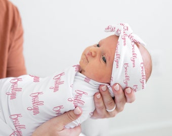 Personalized Baby Girl Swaddle Set, Jersey Knit Blanket, Beanie or Headband