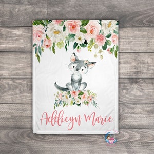 Personalized Baby Blanket Girl - Wolf Blanket - Baby Name Blanket- Security Blanket - Receiving Blanket - Swaddle Blanket