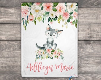 Personalized Baby Blanket Girl - Wolf Blanket - Baby Name Blanket- Security Blanket - Receiving Blanket - Swaddle Blanket