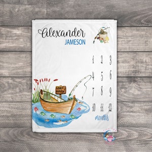 Boy Milestone Blanket, Fishing Blanket,Baby Growth Blanket Boy, Fishing Gift Personalized, Baby Month Blanket, Custom Photo Blanket,