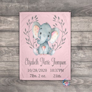 Elephant Baby Blanket, Date of Birth Gift, Baby Blankets for Girls, Custom Blanket, Soft Baby Blanket, Newborn Blanket, Nursery Bedding