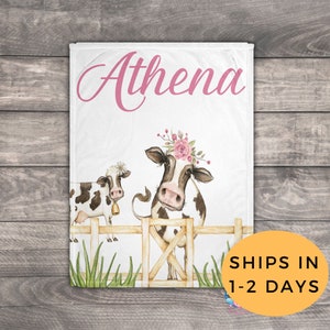 Personalized Baby Blanket Girl, Cow Baby Blanket, Cow Decor, Baby Name Blanket, Cow Gifts, Farm Baby Shower Decorations