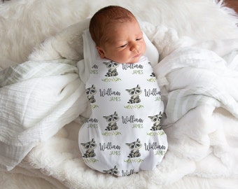 Raccoon Swaddle, Swaddle Blanket Boy, Personalized Swaddle Blanket, Raccoon Baby Shower Gift, Woodland Nursery Decor, Custom