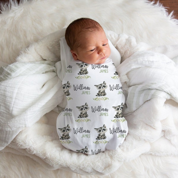 Raccoon Swaddle, Swaddle Blanket Boy, Personalized Swaddle Blanket, Raccoon Baby Shower Gift, Woodland Nursery Decor, Custom