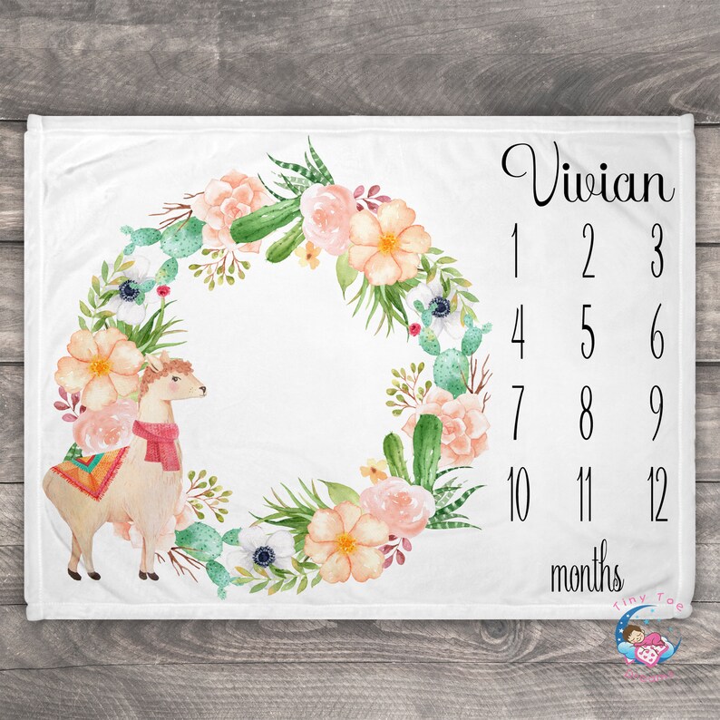Personalized Growth Chart Cactus Baby Blanket Baby Month Blanket Alpaca Blanket llama baby blanket Newborn Milestone Blanket