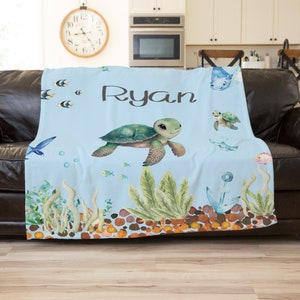 Sea Turtle Personalized Blanket, Nautical Baby Blanket, Sea Turtle Nursery Decor, Sea Turtle Baby Shower Toddler Nap Blanket, Custom Teen