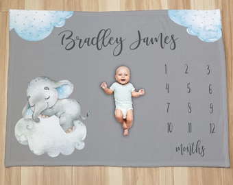 Personalized Elephant Baby Milestone Blanket, Photo Prop