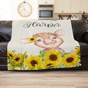 Cow Blanket, Personalized Cow Baby Blanket, Sunflower Blanket, Cow Baby Shower Gift, Cow Nursery Decor, Toddler Nap Blanket, Baby Girl