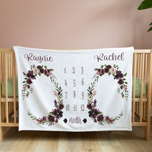 Twin Milestone Blanket, Photo Blanket Customized, Personalized Baby Blanket Girl, Floral Milestone Blanket, Twin Baby Shower Gift, Month
