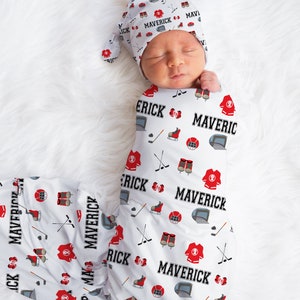 Hockey Swaddle, Hockey Baby Gift, Custom Swaddle Blanket, Sport Boy Theme Shower, Personalized Baby Blanket Boy, Hockey Baby Shower Gift