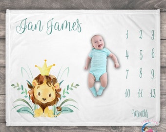 Personalized Lion Baby Milestone Blanket, Soft Plush Fabric