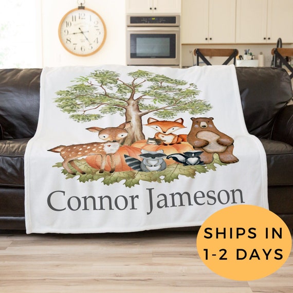 Personalized Woodland Blanket, Woodland Blanket Boy, Fall Blanket Baby, Pumpkin Blanket, Baby Name Blanket, Newborn Custom Blanket,Baby Gift