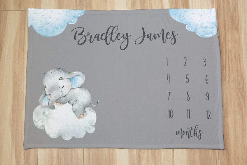 Personalized Grey Baby Blanket With Elephant Milestone Etsy
