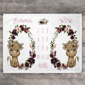 Highland Cow Milestone Blanket Twins, Twin Milestone Blanket, Highland Cow Nusery, Floral Milestone Blanket, Personalized Twin Gift, Girls