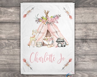 Personalized Baby Blanket Girl – Woodland Animals, Teepee Blanket