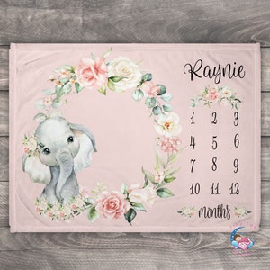 Elephant Blanket, Milestone Blanket, Custom Photo Blanket, Watercolor Floral Baby Blanket, Personalized Photo Blanket, Best Baby Shower Gift