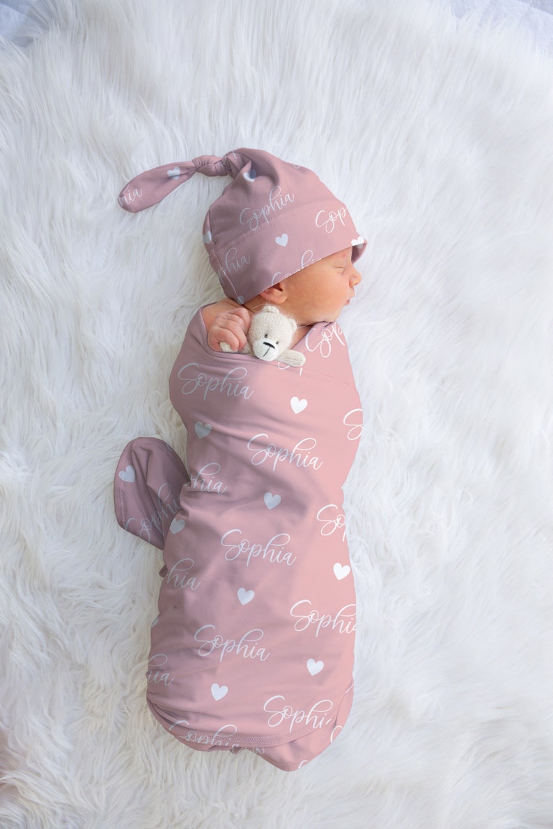 Personalized Baby Girl Swaddle Blanket, Heart Name Swaddle, Photo Prop image 1