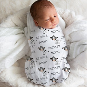 Cow Blanket, Custom Swaddle Blanket Boy, Personalized Newborn Swaddle, Farm Animal Nursery, Cow Theme Baby Shower, Christmas Gift