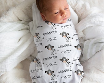 Personalized Cow Baby Swaddle Blanket, Farm Nursery Decor