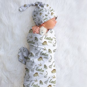 Personalized Swaddle Blanket, Baby Boy Coming Home Dinosaur, Dinosaur Baby Shower Gift, Newborn Boy Swaddle Set, Custom Swaddle Blanket