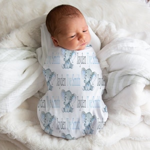 Elephant Baby Blanket Boy, Custom Swaddle Blanket, Personalized Newborn Swaddle, Blue And Gray Elephant Baby Shower, Boy Swaddle Gift