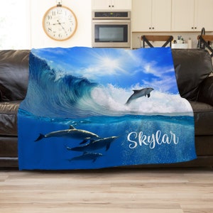 Personalized Dolphin Blanket, Nautical Ocean Throw, Kids Birthday Gift image 1