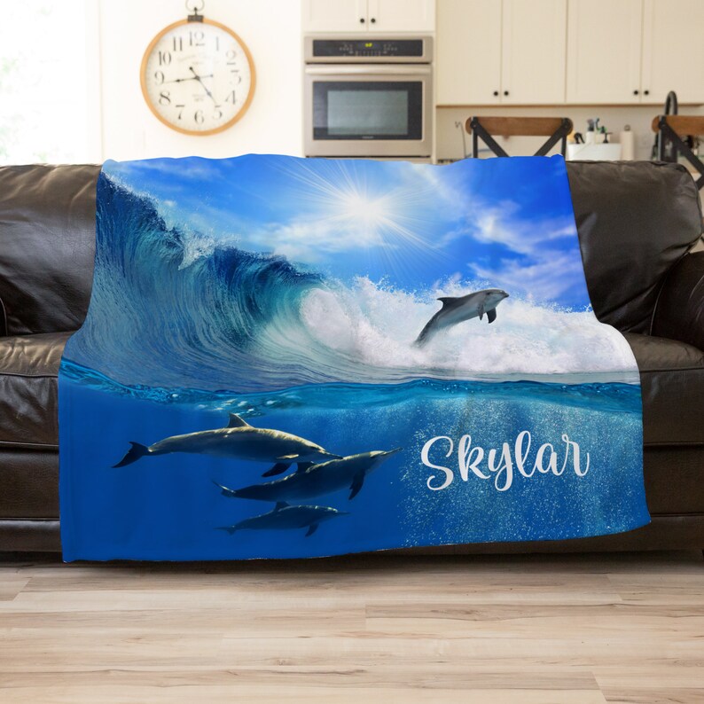 Personalized Dolphin Blanket, Nautical Ocean Throw, Kids Birthday Gift image 1