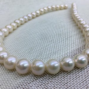 May include: A strand of lustrous, round, white pearls. The pearls are strung together, forming a curved shape. The pearls have a smooth, reflective surface, and are displayed on a textured, off-white background. The pearls are a classic jewelry item.