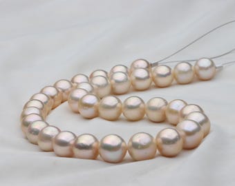 12-13,8 mm Stor Mild Metallic Persika Guldfärgad Rund Sjöpärlsträng | Kärnpärla | Sötvattenspärla | Present till fru, HCL030